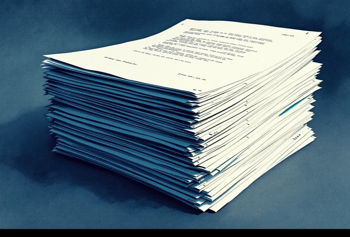 Editorial illustration of a stack of filed complaint sheets on cream-stone paper with hairline grids and a single forensic teal index tab.