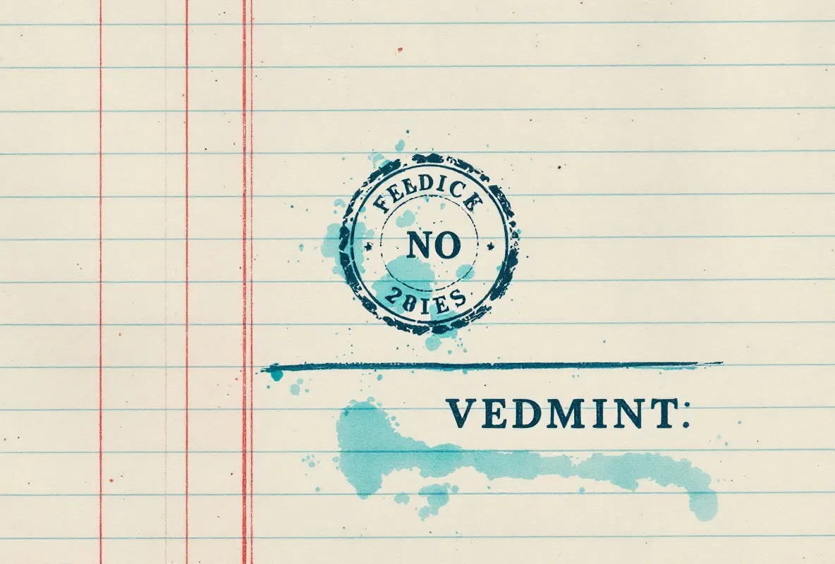 Editorial illustration of a verdict stamp on a tabulated record page with a forensic teal accent rule.