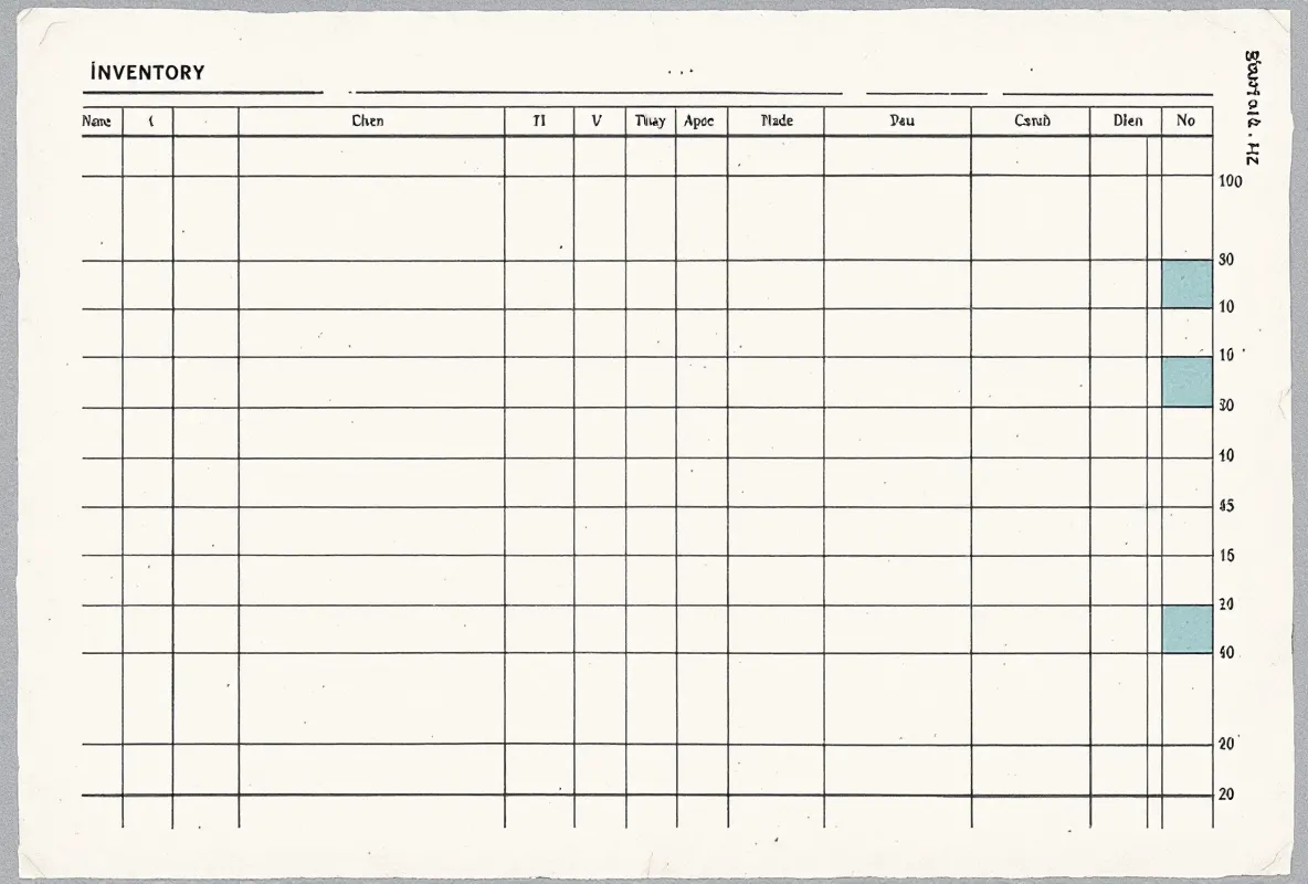Editorial illustration of a printed 4-column inventory record sheet on cream-stone paper with hairline rules.
