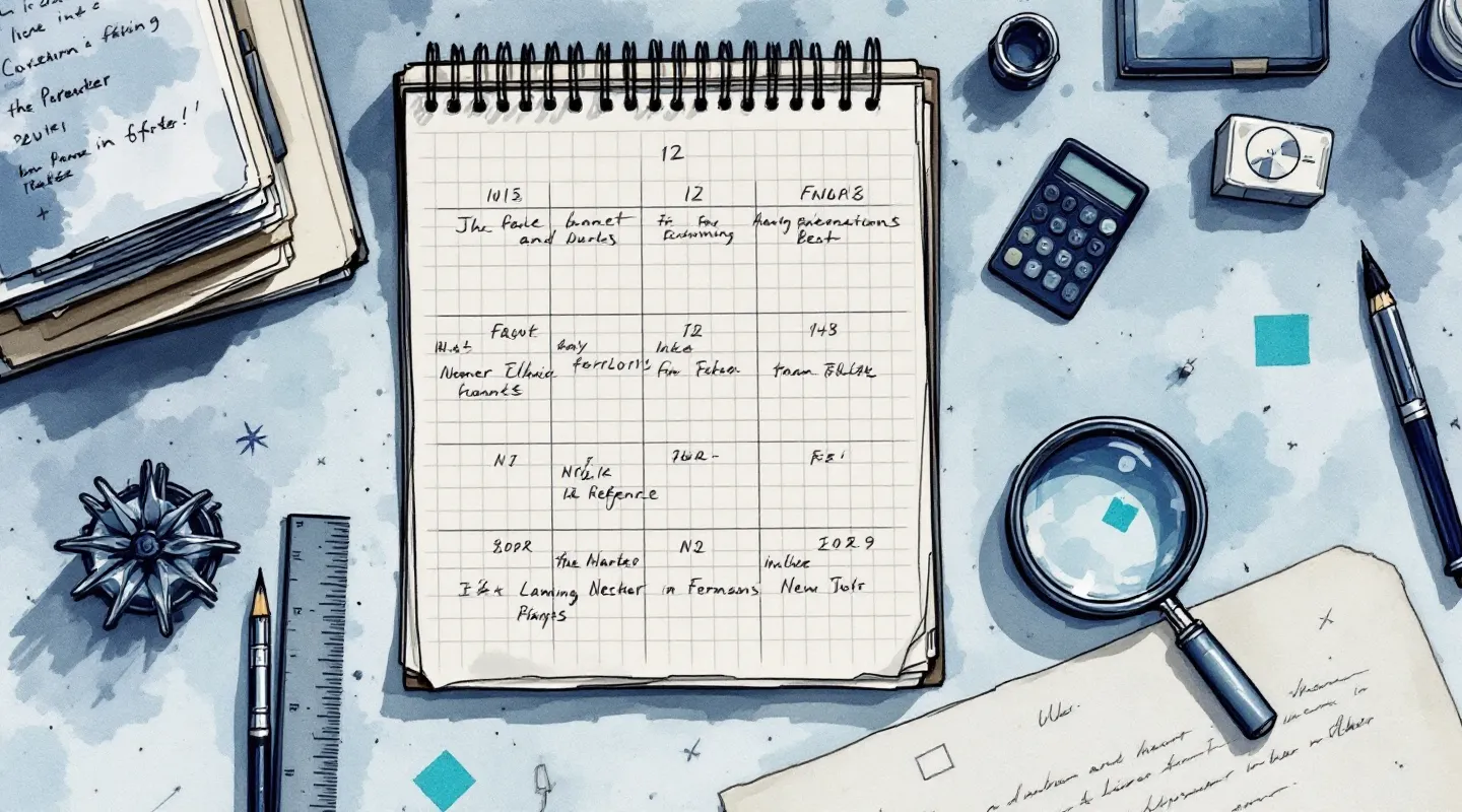 Editorial archival illustration of a journalist's working file on a 12-column gridded page, with reference documents, a ruler, and a magnifying glass in cool blue-black ink on stone paper.