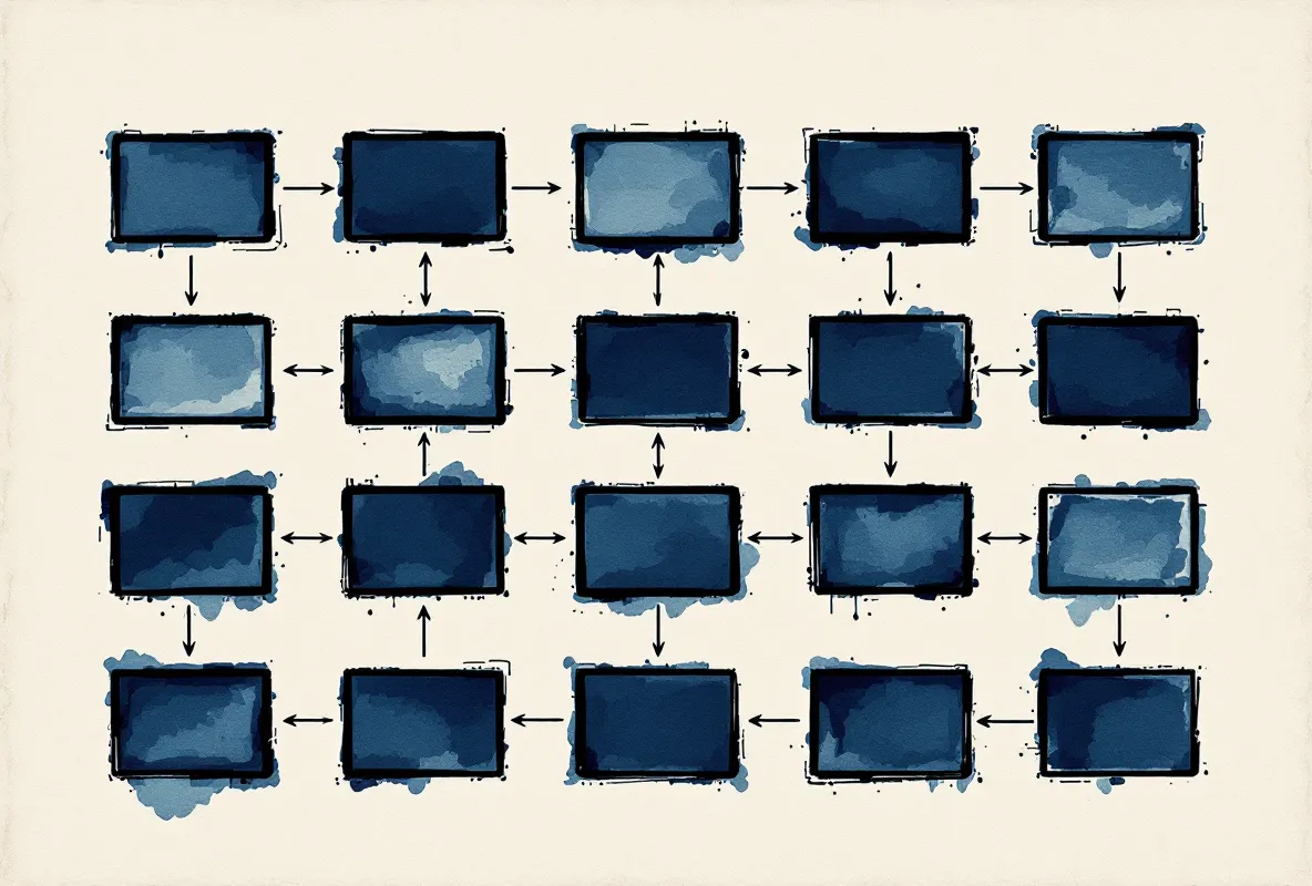 Editorial illustration of a fact-checking methodology flowchart on a 12-column grid in cool ink on stone paper.
