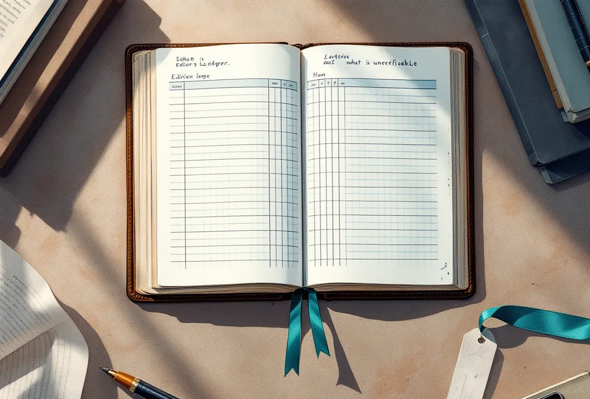 Editorial illustration of an open editor's ledger book on cream-stone paper with hairline grids and partial notations.